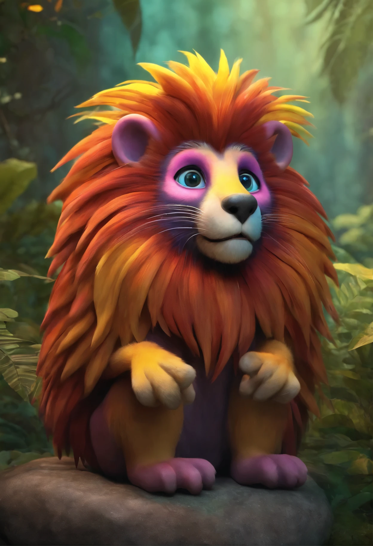 A brightly colored lion sits on a stone in the forest, adorable digital painting, Rendering of monkeys, anthropomorphic hedgehog, rainbow fur, Rendering Marmoset ToolBaged, Zbrush Color Renderer, Рендеринг Marmoset ToolBag, Octane turns into a lonely rainbow, cute 3 d render, dark rainbow colored fur, cute detailed digital art, whimsical demon with rainbow fur
