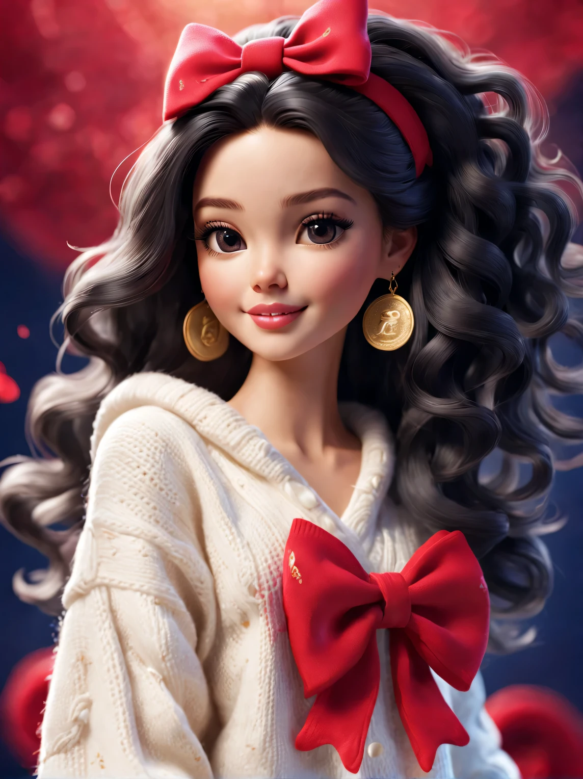 tully shaw style （Closeup of cute smiling barbie girl，She has long black curly hair，The zodiac sign is dragon),Tie a big bow， Exudes luxury, Gorgeous fashionable winter cashmere wool fashion, Big bow，With dark navy blue and fiery red background, 2024 new year elements, Gold coins flying, Wool is woven into a variety of styles and textures with great skill and skill, Pay attention to the edge of the sweater、Thin and smooth stitches、seamless, Demonstrate perfect craftsmanship and quality. Cute 3d rendering, Cute and detailed digital art, slight feeling, stylized 3d render, 8K， 3D character art rendering, lovely digital painting, Anime style 3D, Ultra-detailed rendering, hyper HD, tmasterpiece, Acura, ctextured skin, super detailing, high detal, high high quality, Award-Awarded, Best quality at best, A high resolution, 16k,