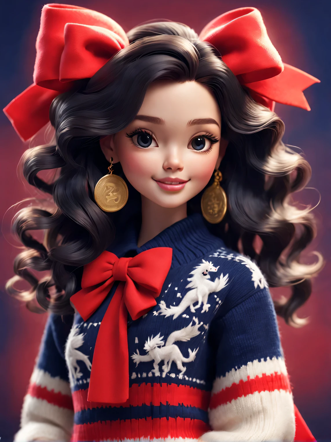 tully shaw style （Closeup of cute smiling barbie girl，She has long black curly hair，The zodiac sign is dragon),Tie a big bow， Exudes luxury, Gorgeous fashionable winter cashmere wool fashion, Big bow，With dark navy blue and fiery red background, 2024 new year elements, Gold coins flying, Wool is woven into a variety of styles and textures with great skill and skill, Pay attention to the edge of the sweater、Thin and smooth stitches、seamless, Demonstrate perfect craftsmanship and quality. Cute 3d rendering, Cute and detailed digital art, slight feeling, stylized 3d render, 8K， 3D character art rendering, lovely digital painting, Anime style 3D, Ultra-detailed rendering, hyper HD, tmasterpiece, Acura, ctextured skin, super detailing, high detal, high high quality, Award-Awarded, Best quality at best, A high resolution, 16k,