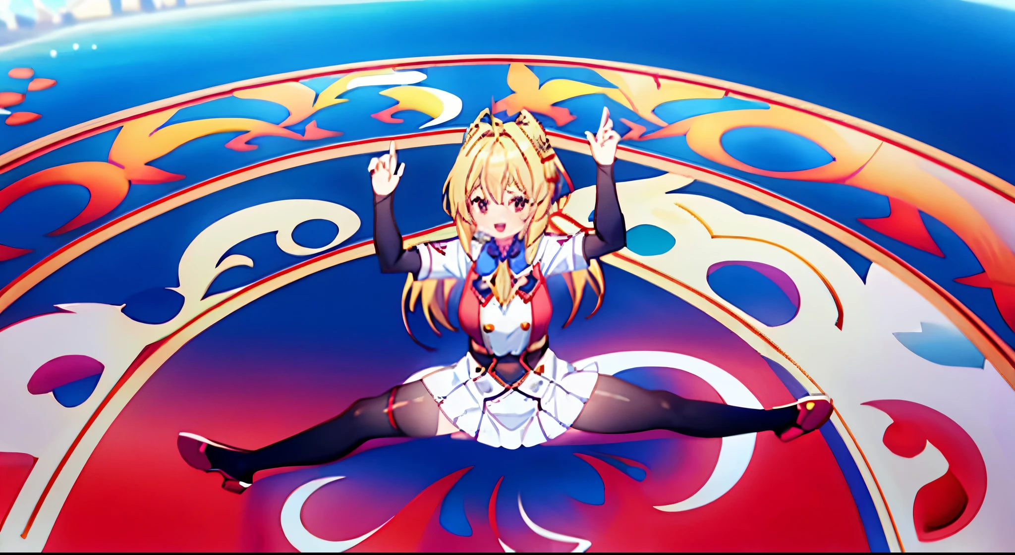 Anime girl in a skirt and white shirt sits at a circular table。, most strongest Pose, the anime girl is crouching, from the azur lane videogame, azur lane style, distorted Pose, anime Pose, Pose(Arms up + Happy), holding a pudica Pose, lying dynamic Pose, Smooth Anime CG Art, Ayaka Genshin Impact