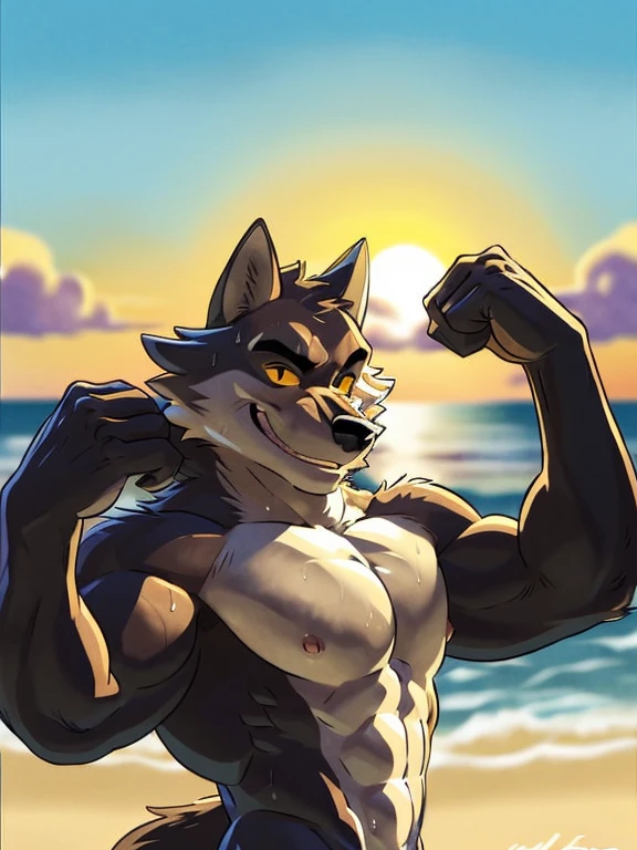 mr wolf. 4k, high resolution, best quality, posted on e621, solo, anthro body, male, massive penis, male genitals, masculine, (very muscular, buff:1.2), correct anatomy, (beach background, sea background, sky background, blurry background, out-of-focus background, sunset:1.0), (by wfa:1.2), (by negger:1.0), sexy, (cel shaded:1.2), cartoony shading, flat coloring, (strong shadows, dark shadows, backlight:1.2), (naked:1.2), (mr wolf eyes:1.2), (flexing muscles:1.2), (wolf tail:1.4), sexy, seductive, backlight, nipples, wet body, sweat, half body