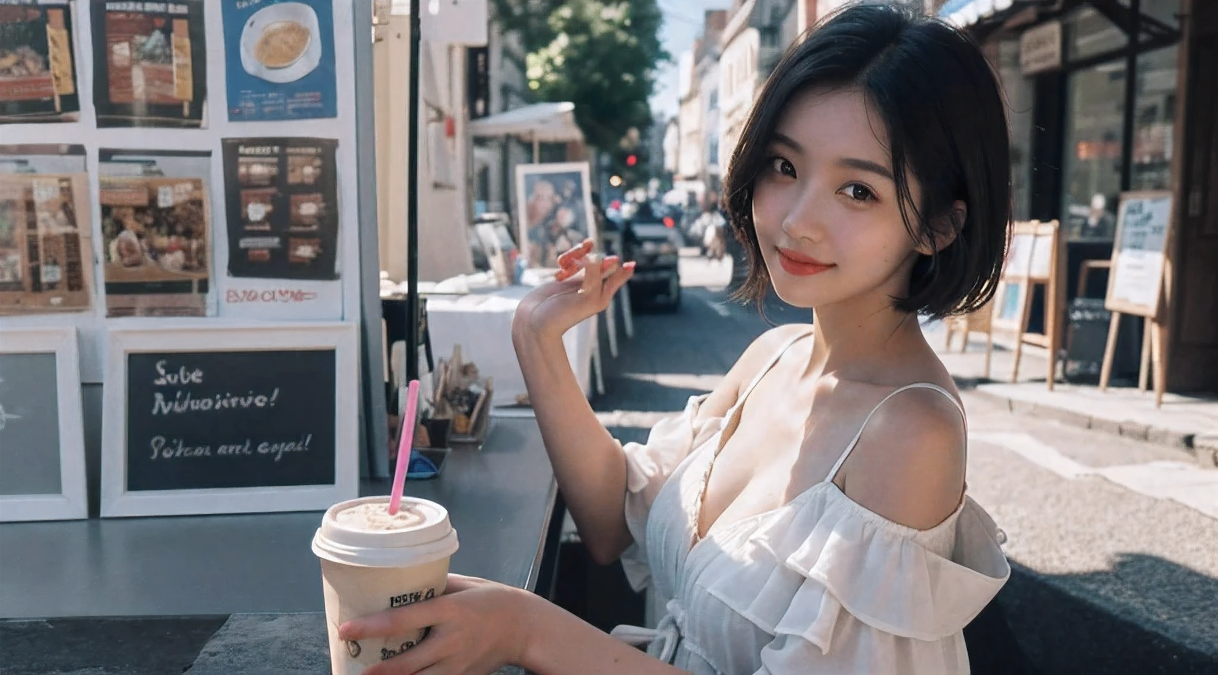 Best quality, tmasterpiece, 超高分辨率, (a true: 1.5), RAW photos, 1 girl, bshoulders, Drink coffee at a sunny street cafe stall, Depth shadows, low pitch, cold light, Sexy look, belosoriso, one piece dress, The most delicate qualities of short hair, 8K, tmasterpiece: 1.3))), Focus sharp: 1.2, (Layered pruning, The large: 1.2), Perfect body beauty: 1.4, Drenched: 1.5, Highly Detailed Face and Skin Textur, 詳細な目, 二重まぶた,