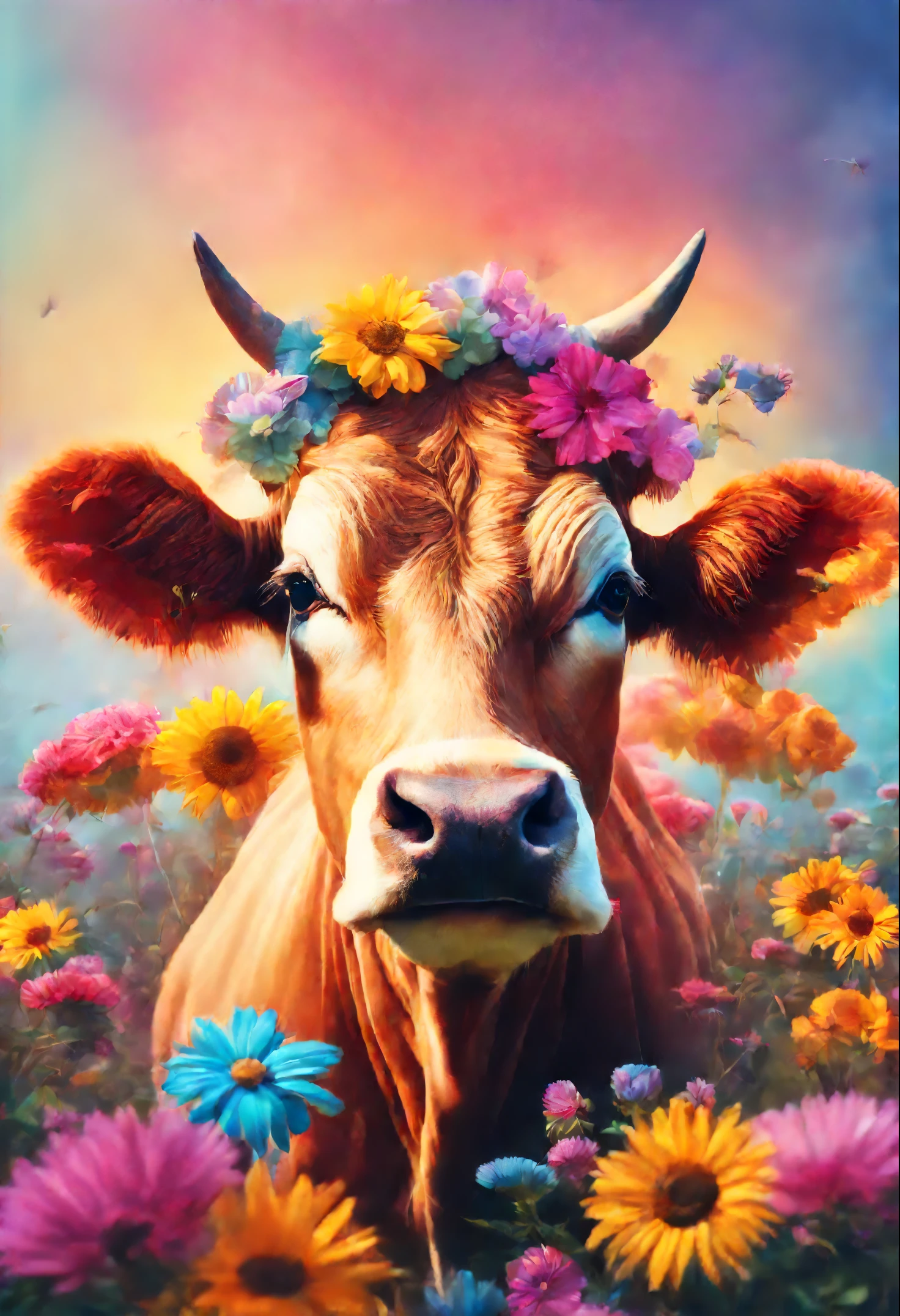 there is a cow with flowers on its face, with flowers on head and rainbow background, digital art animal photo, beautiful digital artwork, stunning digital illustration, style hybrid mix of beeple, Amazing digital art, gorgeous digital art, Extremely detailed digital art, high detailed digital art, 4k high detailed digital art, beeple. hyper realisitc, detailed digital 3d art