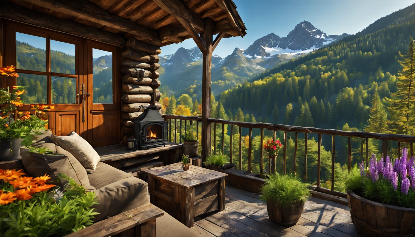 (Best quality at best,4K,8K,A high resolution,tmasterpiece:1.2),ultra - detailed,(actual,photoactual,photo-actual:1.37),mountain hut,Cozy cottage,wooden house surrounded by mountains,宁静The atmosphere,Great attention to detail,serene environment,Panorama of mountains and forests,secluded location,Large windows offer stunning views,Quaint and rustic design,Smoke comes out of the chimney,The atmosphere,crackling fireplace,Comfortable furniture,soft and warm lighting,serene colors,natural materials,wood paneling,Beautifully landscaped garden，There are colorful flowers and plants,Clear blue sky,FreshAir,light wind,Rustling leaves,Quiet and Tranquil,hiking trails,Nature exploration,adventuring,hideout,Escape from busy city life,The perfect place to relax and meditate.