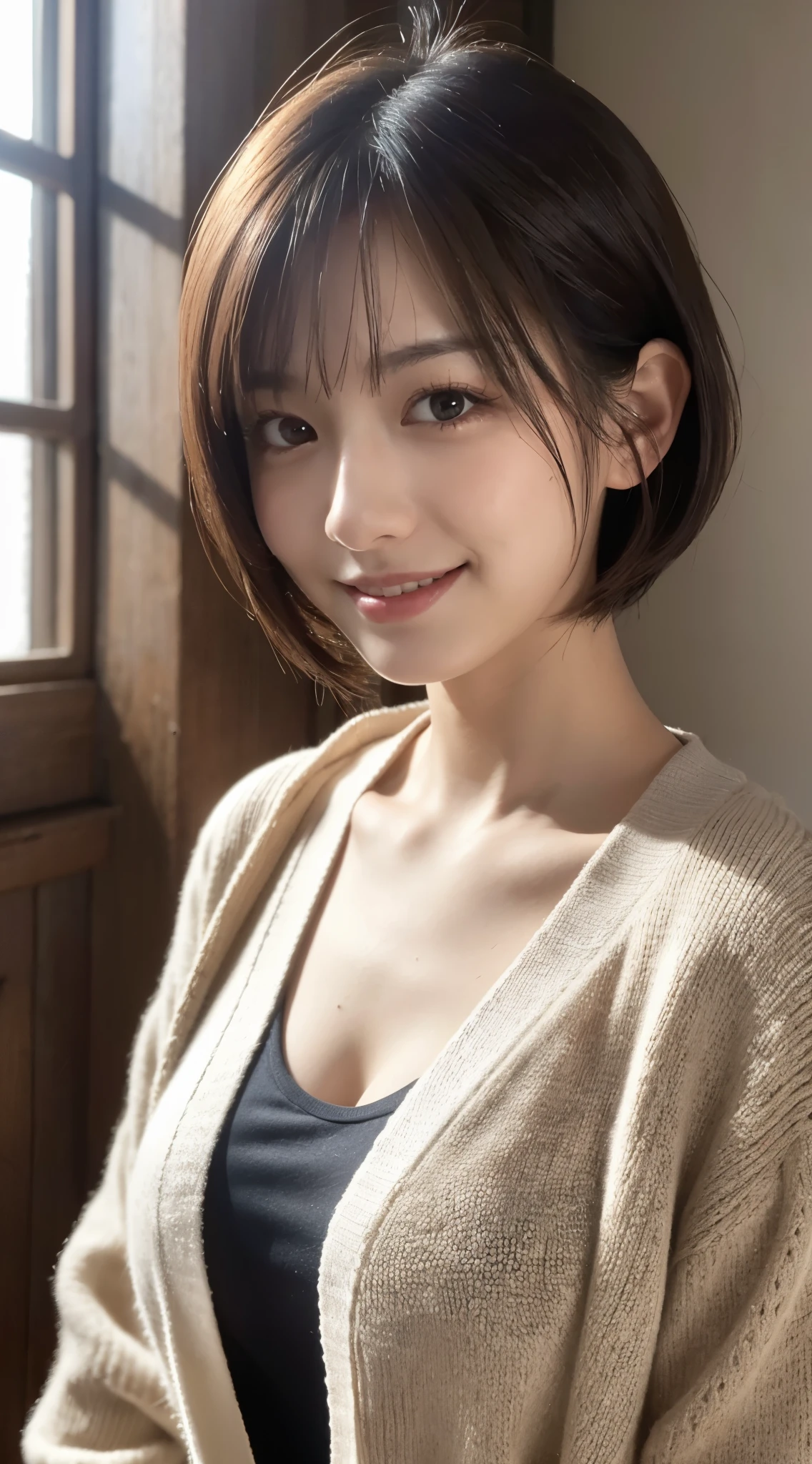 (top-quality,masterpiece:1.3,超A high resolution),(ultra-detailliert,Caustics,in 8K),(Photorealsitic:1.4,RAW shooting),(selfee:1.1),24 year old,kawaii,japanes,natural brown short bob,The best smile,large boob,Khaki Cardigan,White shirt,Bust-up shot,natural soft light