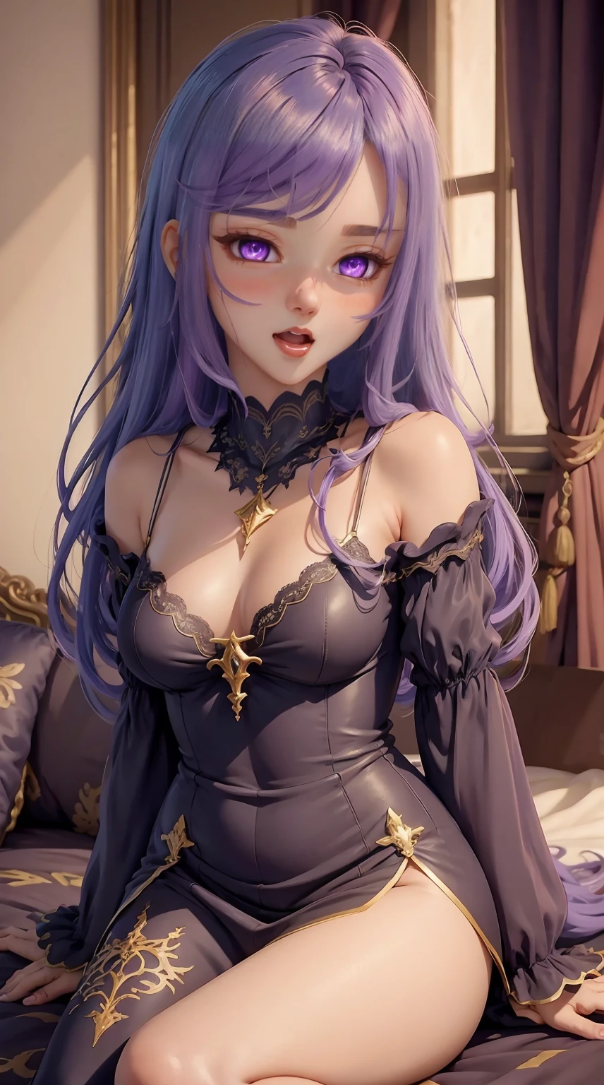 8K, Ultra High Definition, Super detailed, Shiny detailed hair, detailed face, fantasy landscape, solo, looking at viewer, {{best quality}}, {{masterpiece}}, {{ultra-detailed}}, {detailed light}, ultra high quality eyes, detailed eyes, perfect eyes, large eyes, detailed purple eyes, purple hair, long hair, adorned hair, beautiful, skinny body, white skin, slutty, erotic, suggestive, sitting with legs open, open legs, lingerie, in lingerie, blushing, open mouth, ahegao, ((nsfw))