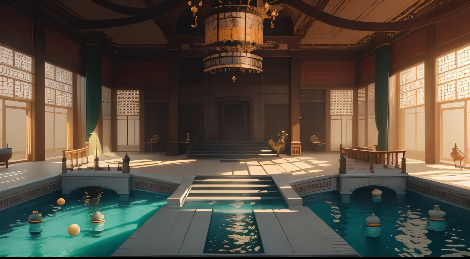 There was a big room，Has swimming pool and fountain, Beautiful rendering of the Tang Dynasty, Cyberpunk ancient Chinese castle, Relaxing concept art, A pool in a huge palace, ross tran. scenery background, Anime landscape concept art, beautiful concept art, Popular topics on artstation pixiv, floatingpalaces, throne room, Concept art stunning atmosphere, exquisitely designed throne room, Genshin Impact