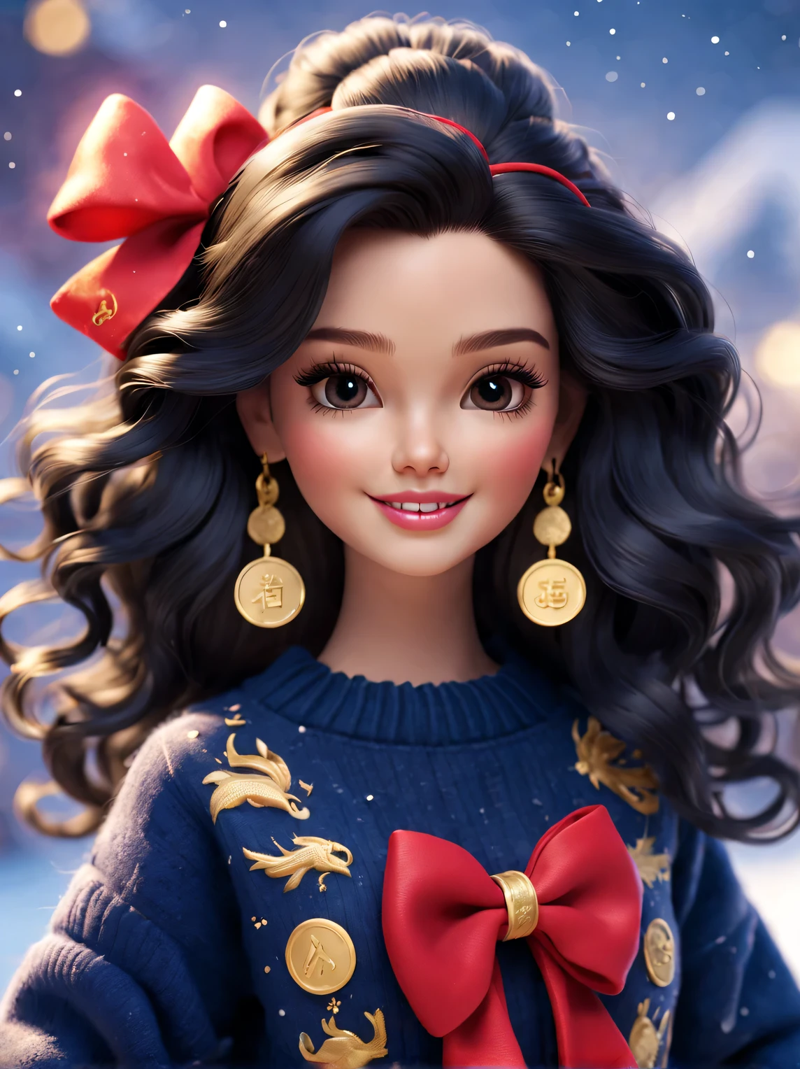 tully shaw style （Close-up of cute smiling barbie girl，She has long curly black hair，The zodiac sign is dragon),Tie a big bow， Exudes luxury, Gorgeous fashionable winter cashmere wool fashion,
 Dark navy blue and fiery red are the main colors, , Gold coins flying, Wool is woven into a variety of styles and textures with great skill and skill, 2024 new year elements，Pay attention to the edge of the sweater、Thin and smooth stitches、seamless, Demonstrate perfect craftsmanship and quality. Cute 3d rendering, Cute and detailed digital art, slight feeling, stylized 3d render, 8K， 3D character art rendering, lovely digital painting, Anime style 3D, Ultra-detailed rendering, hyper HD, tmasterpiece, Acura, ctextured skin, super detailing, high detal, high high quality, Award-Awarded, Best quality, A high resolution, 16k,