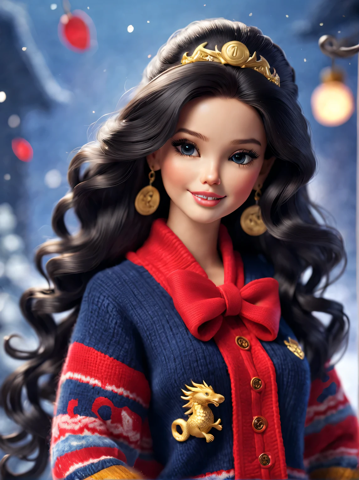 tully shaw style （Close-up of cute smiling barbie girl，She has long curly black hair，The zodiac sign is dragon),Tie a big bow， Exudes luxury, Gorgeous fashionable winter cashmere wool fashion,
 Dark navy blue and fiery red are the main colors, , Gold coins flying, Wool is woven into a variety of styles and textures with great skill and skill, 2024 new year elements，Pay attention to the edge of the sweater、Thin and smooth stitches、seamless, Demonstrate perfect craftsmanship and quality. Cute 3d rendering, Cute and detailed digital art, slight feeling, stylized 3d render, 8K， 3D character art rendering, lovely digital painting, Anime style 3D, Ultra-detailed rendering, hyper HD, tmasterpiece, Acura, ctextured skin, super detailing, high detal, high high quality, Award-Awarded, Best quality, A high resolution, 16k,