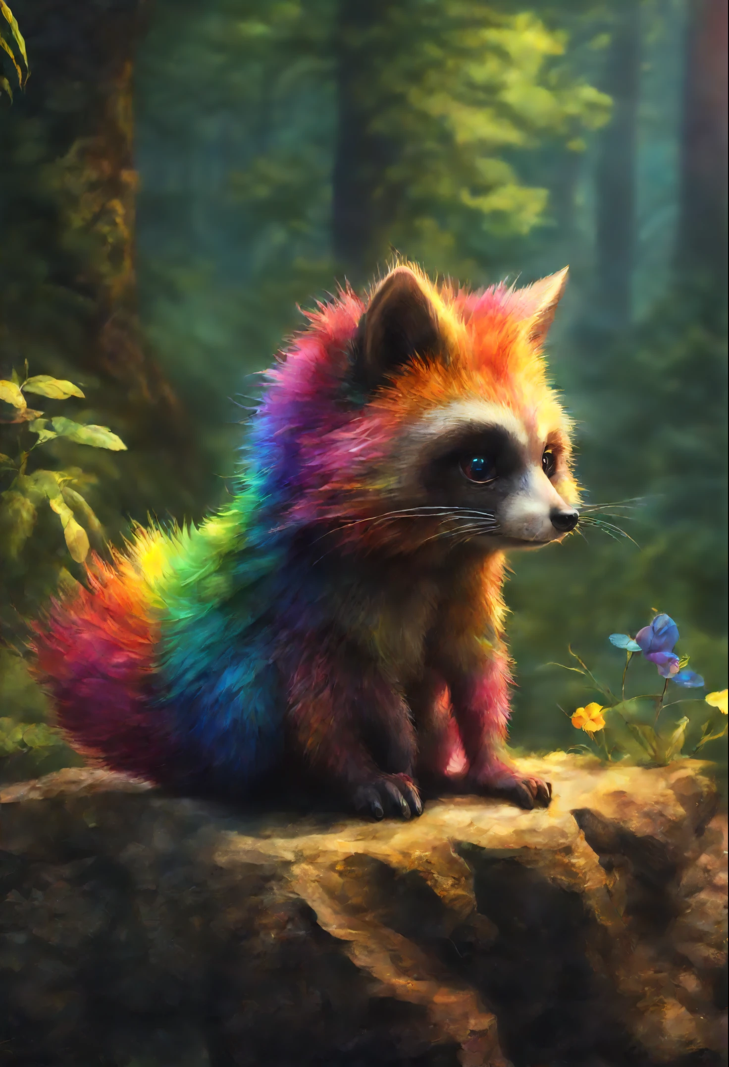 Brightly colored raccoon and fox sitting on a stone in the forest, adorable digital painting, Rendering of monkeys, anthropomorphic hedgehog, rainbow fur, Rendering Marmoset ToolBaged, Zbrush Color Renderer, Рендеринг Marmoset ToolBag, Octane turns into a lonely rainbow, cute 3 d render, dark rainbow colored fur, cute detailed digital art, whimsical demon with rainbow fur