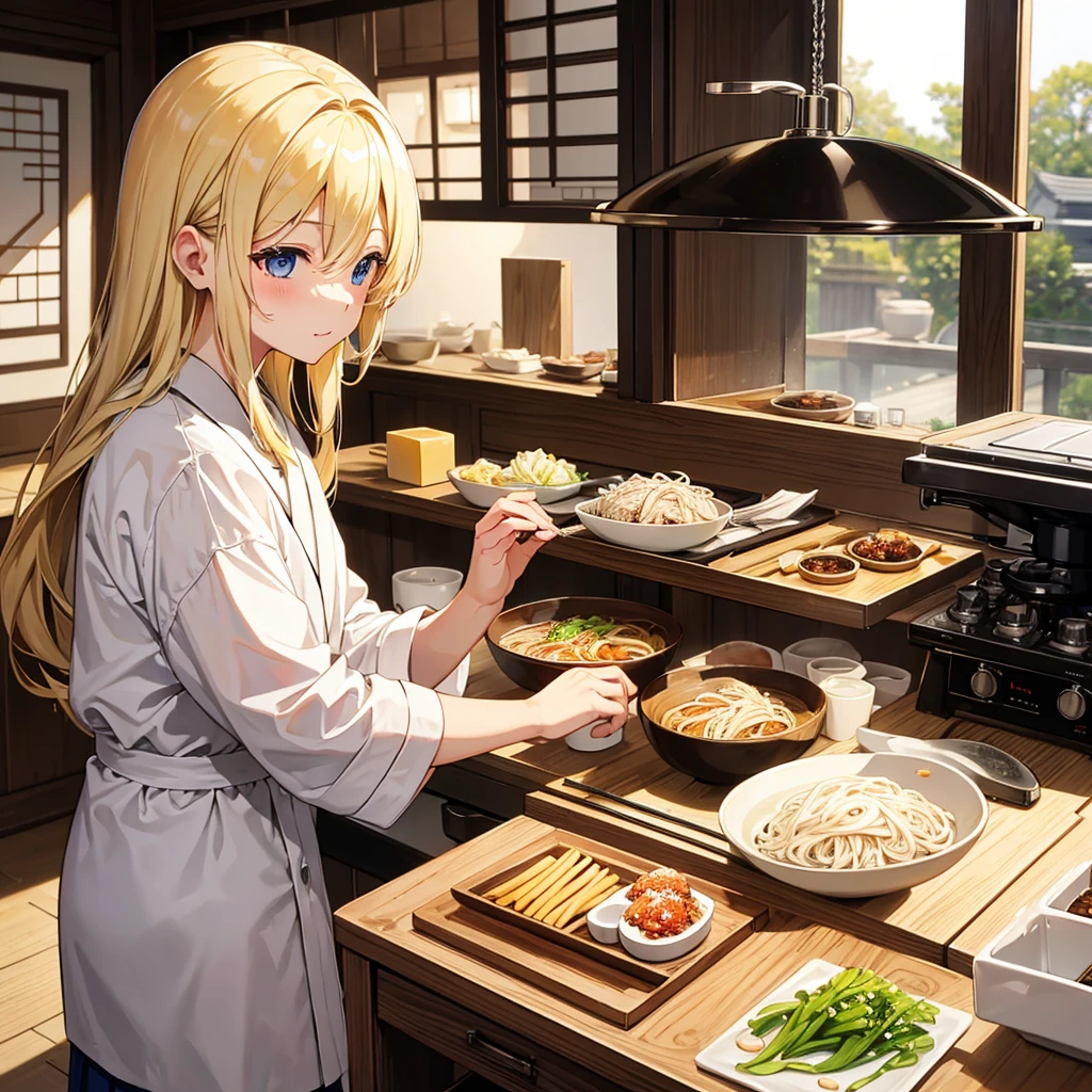 top-quality、a blond、femele、かわいい部屋着のfemele、eat soba at home