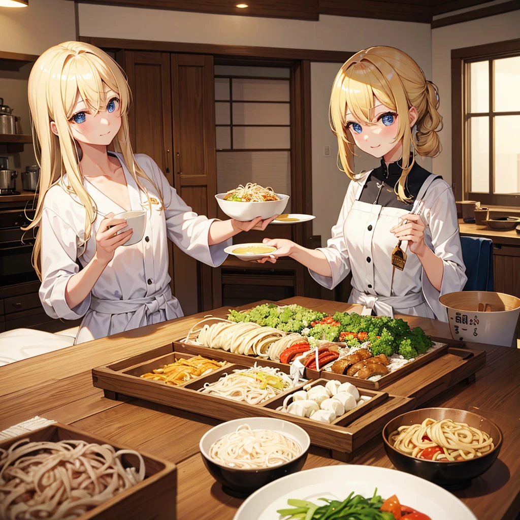 top-quality、a blond、femele、かわいい部屋着のfemele、eat soba at home