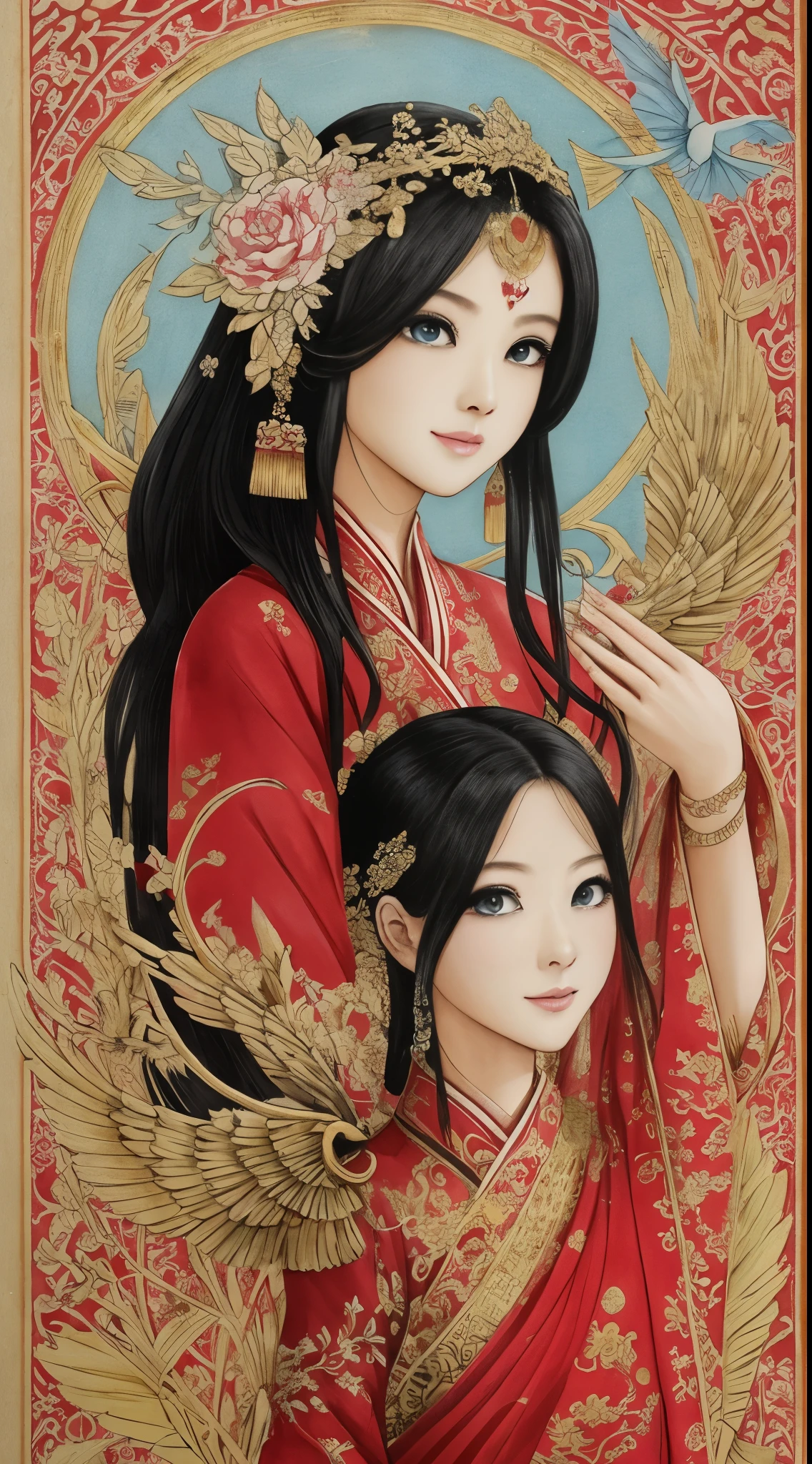 chinese ink watercolor art,happy new years, Chinese Lunar New Year Festival Scene,main theme with a Hanfu style fairy,many flying dragon,red and gold color,waterfall,8K,ultra details --auto --s2