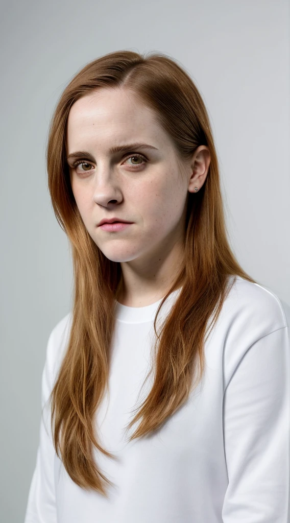 there is a woman with long hair and a white shirt and sweatpants, this person does not exist, with serious face expression, tomboy, 30 years old, lena dunham-rachel brosnahan-emma watson-alicia silverstone-riley keough-jena malone-avril lavigne-greta gerwig-kristen stewart-tina fey-phoebe fox-claire foy merged, entire body visible, full body, hyperrealistic, best quality, 8K, real human skin, masterpiece, extremely intricate, medium closeup, detailed eyes, detailed face, detailed body, exaggerated features, pronounced features