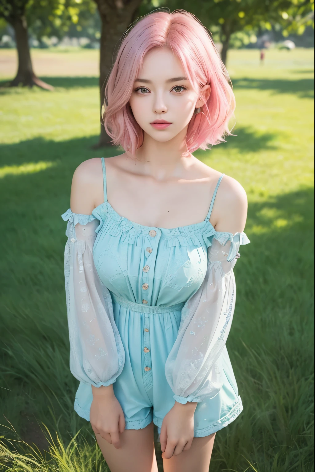 (8K, top-quality, masterpiece:1,2), (reallistic, Photorealsitic:1.37), Super Detail, One girl,), (Highly detailed), (beautifully detailed eyes), (of the highest quality), (super detailed ), (masterpiece), (Detailed face),20yr old, ,1 girl, full body, pink hair,Very short hair, medium breasts, clothed, Perfect Lighting, pussy and breast focus, looking at viewer, aroused face, naughty face, Park, grass, ((children's clothing, Rompers, top and bottom clothing)), standing