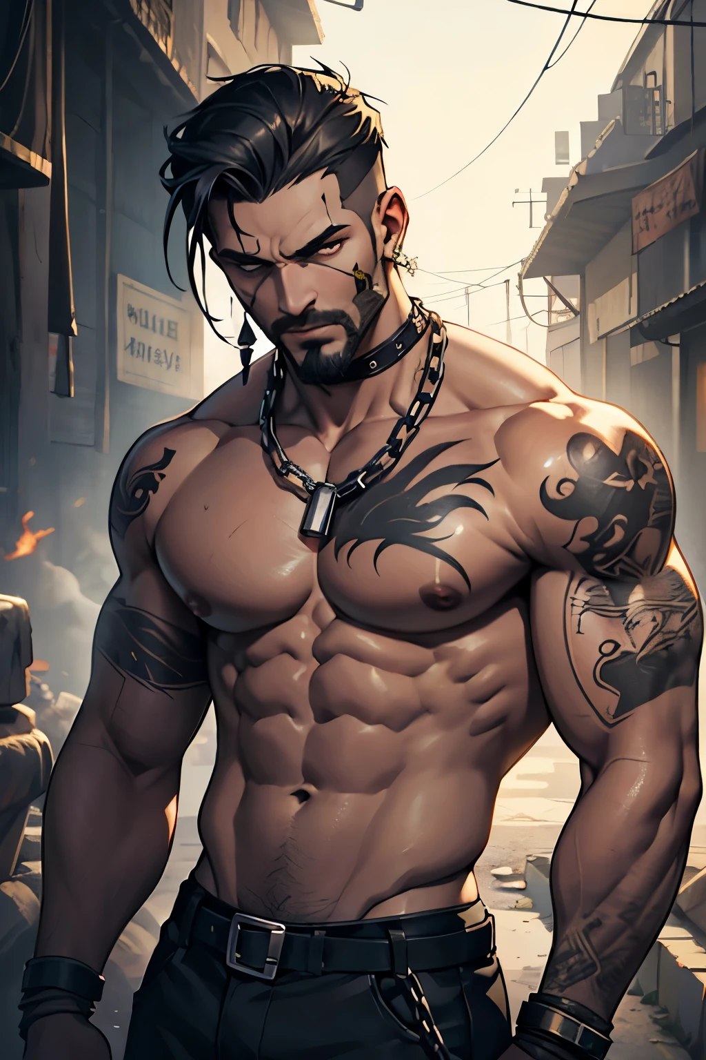 Homem com rosto de caveira e partes do corpo com ossos, com tatuagens no corpo, and a large chain wrapped around the body and releasing smoke from the mouth