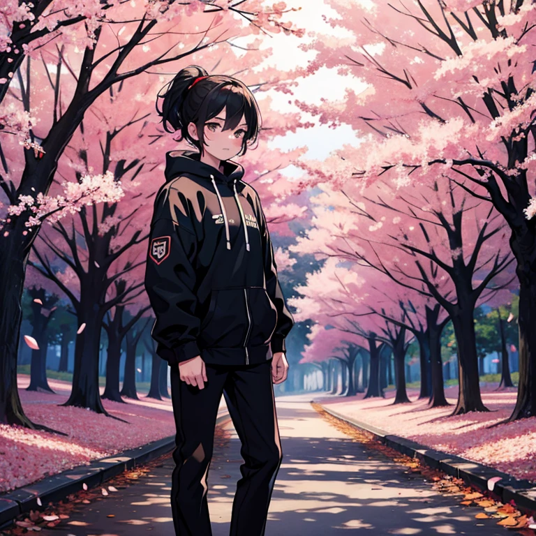 A black figure standing in a cherry blossom forest