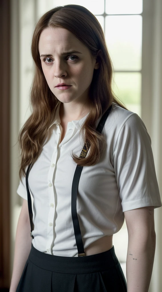 there is a woman with long hair and a white shirt and sweatpants, this person does not exist, with serious face expression, tomboy, 30 years old, average physique, lena dunham-rachel brosnahan-emma watson-alicia silverstone-riley keough-jena malone-avril lavigne-greta gerwig-kristen stewart-tina fey-phoebe fox-claire foy merged, entire body visible, full body, hyperrealistic, best quality, 8K, real human skin, masterpiece, extremely intricate, medium closeup, detailed eyes, detailed face, detailed body, exaggerated features, pronounced features