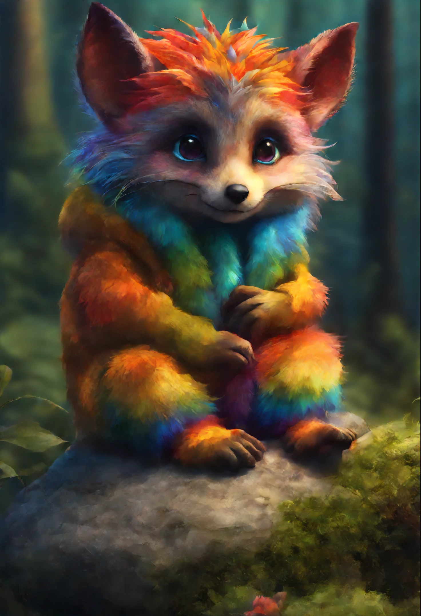 Brightly colored fox sitting on a stone in the forest, adorable digital painting, Rendering of monkeys, anthropomorphic hedgehog, rainbow fur, Rendering Marmoset ToolBaged, Zbrush Color Renderer, Рендеринг Marmoset ToolBag, Octane turns into a lonely rainbow, cute 3 d render, dark rainbow colored fur, cute detailed digital art, whimsical demon with rainbow fur