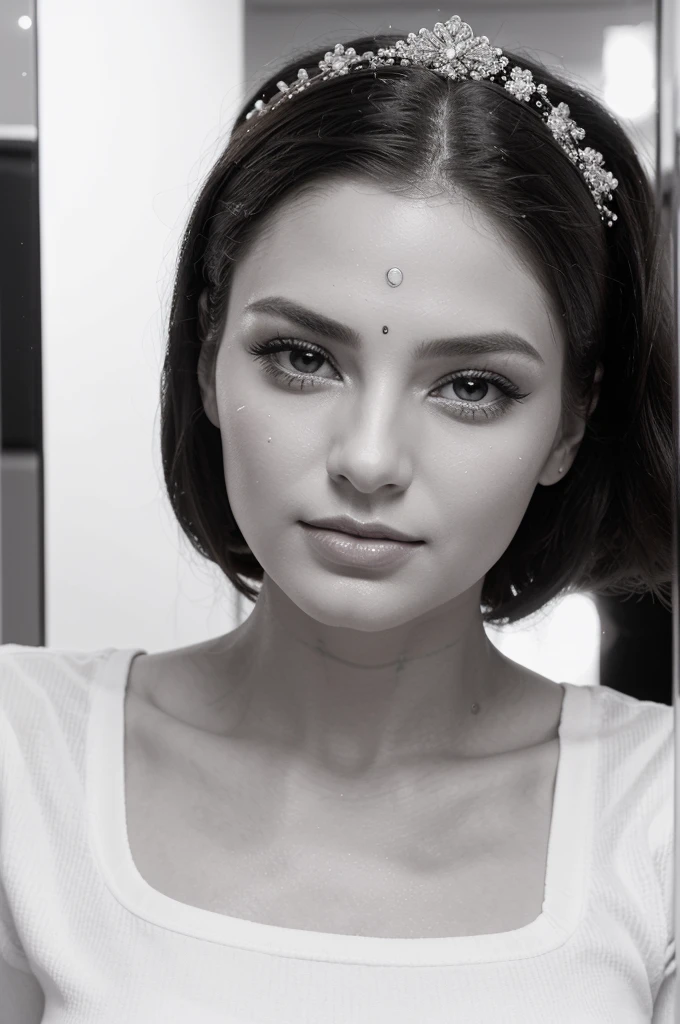 A photo of a beauty brand logo on a person's face, with a busy beauty salon background.** The face may be having makeup done by a professional, or it may be being viewed in the mirror. The logo can be in color or black and white, and the beauty salon can be full of people or empty.
[Image of Beauty brand logo on a person's face]