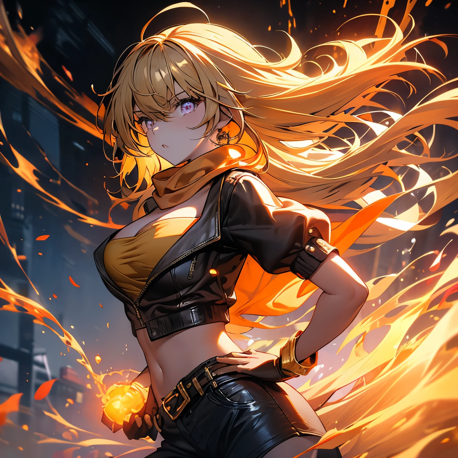 (​masterpiece、top-quality:1.2), cowboy  shot, 独奏, 1girl in, Yang Xiaolong, Put your hands on your hips, Ahoge, a purple eye, Brown jacket, Yellow tube top, Black shorts, Black fingerless gloves, orange scarf, waist cape, Midriff, cleavage of the breast,