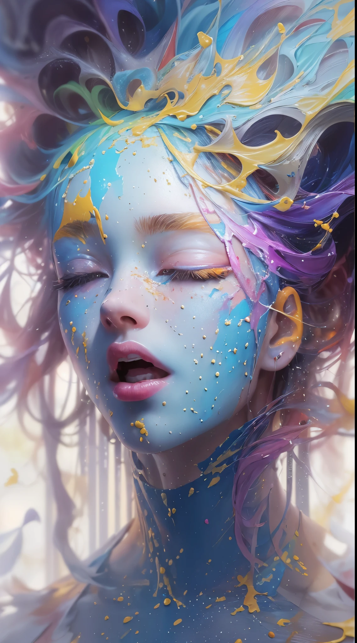 (level difference:1.8),(Paint colliding and splashing on the canvas),(depth of field),1girl's side face blends into it,((side face)),open mouth,(liquid paint rainbow hair:1.1) made of paint and defies gravity,thick flowing,(paint splatter:1.3),Liquid state,stunningly beautiful, masterpiece, detailed background,ultra high quality model, ethereal background,abstract beauty, explosive volumetric, oil painting,heavy strokes,Romantic lighting,Sub-Surface Scatterring,lens 135mm,f1.8,glow,8k,high resolution, dreamy,ray tracing,hdr,god rays,