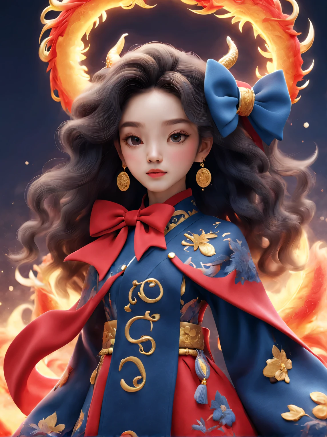 （可爱微笑芭比女孩和中国Zodiac dragon特写），black long curly hair，Zodiac dragon，Big bow， Exudes luxury, Gorgeous fashionable winter cashmere wool fashion, Gold coins fly, Dark navy blue and fiery red are the main colors,,Wool is woven into a variety of styles and textures with great skill and skill, 2024 new year elements，
 Cute 3d rendering, Cute and detailed digital art, slight feeling, stylized 3d render, 8K， 3D character art rendering, lovely digital painting, Anime style 3D, Ultra-detailed rendering, hyper HD, tmasterpiece, Acura, ctextured skin, super detailing, high detal, high high quality, Award-Awarded, Best quality at best, A high resolution, 16k,tully shaw style ，