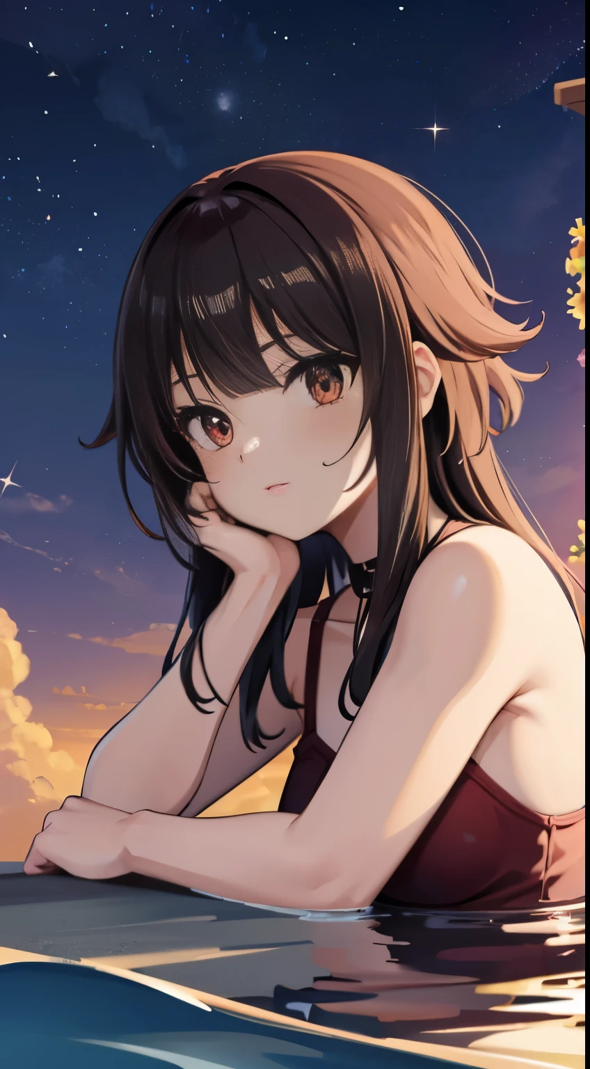 Megumin que relaxa na fonte termal,20generation,Olhando para a lua、red eyes, cabelos curtos, cabelos castanhos, Folhas coloridas、cara satisfeita,Coloque uma toalha sobre o cabelo,Linda luz inspirada,Elegant water flow,uma atmosfera calmante,Fundo silencioso e calmo