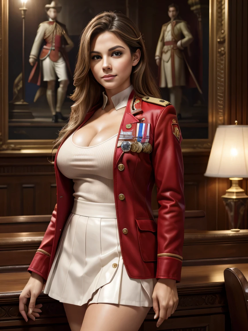((masterpiece)), ((best quality)), (digital painting), ((photorealistic)), wide angle shooting, beautiful, sexy woman, brown eyes, long hair, facial details, big breasts, wearing a royal uniform, england, ((red_jacket, epaulettes)), (tight white skirt), british army officer, sweet smile, perfect body anatomy, complicated soldier uniform, hips, big thighs, cowboy shot, facing the audience, background, parliament building, Royal Palace , luxury, sky, clouds, (super, high detail), professional photographer (hyper detail), depth of field, sharp lighting, focus, (intricate detail), ultra UHD, 16k,