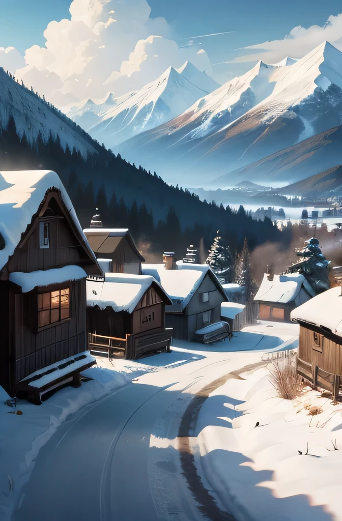 in the style of Hayao Miyazaki，with blue sky and white clouds，snowy mountains. Along the road there is a hut on chicken legs and Santa Claus looks out of the window.. They rush towards the children, who live in a village in the mountains and their windows glow, showing the way.