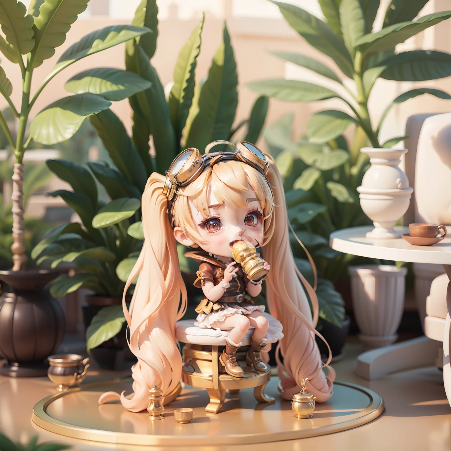 Cute Chibi selena mobile legend,(((Chibi 3D))) (Best Quality) (Master Price)、(Chibi :1.3)、Sitting on smoky pink flowers、specimen、houseplant、Open your mouth and smile
