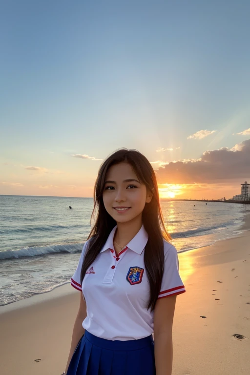 Chica de unos 14 a 15 con uniforme escolar con fondo en la playa de atardecer