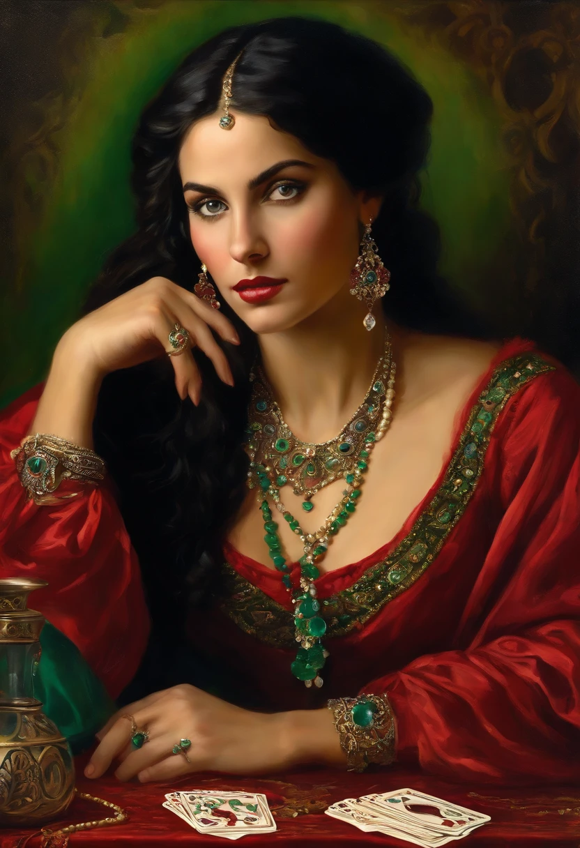 Baroque style painting of a young gypsy woman with necklaces, earrings and bracelets, a beautiful and strong young woman, red Victorian-style robes, green panther eyes, long straight, silky, black hair falling over her shoulders, reading gypsy cards, at a table with crystal ball, a fortune teller