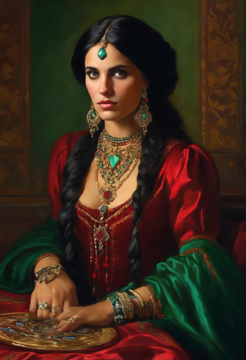 Baroque style painting of a young gypsy woman with necklaces, earrings and bracelets, a beautiful and strong young woman, red Victorian-style robes, green panther eyes, long straight, silky, black hair falling over her shoulders, reading gypsy cards, at a table with crystal ball, a fortune teller
