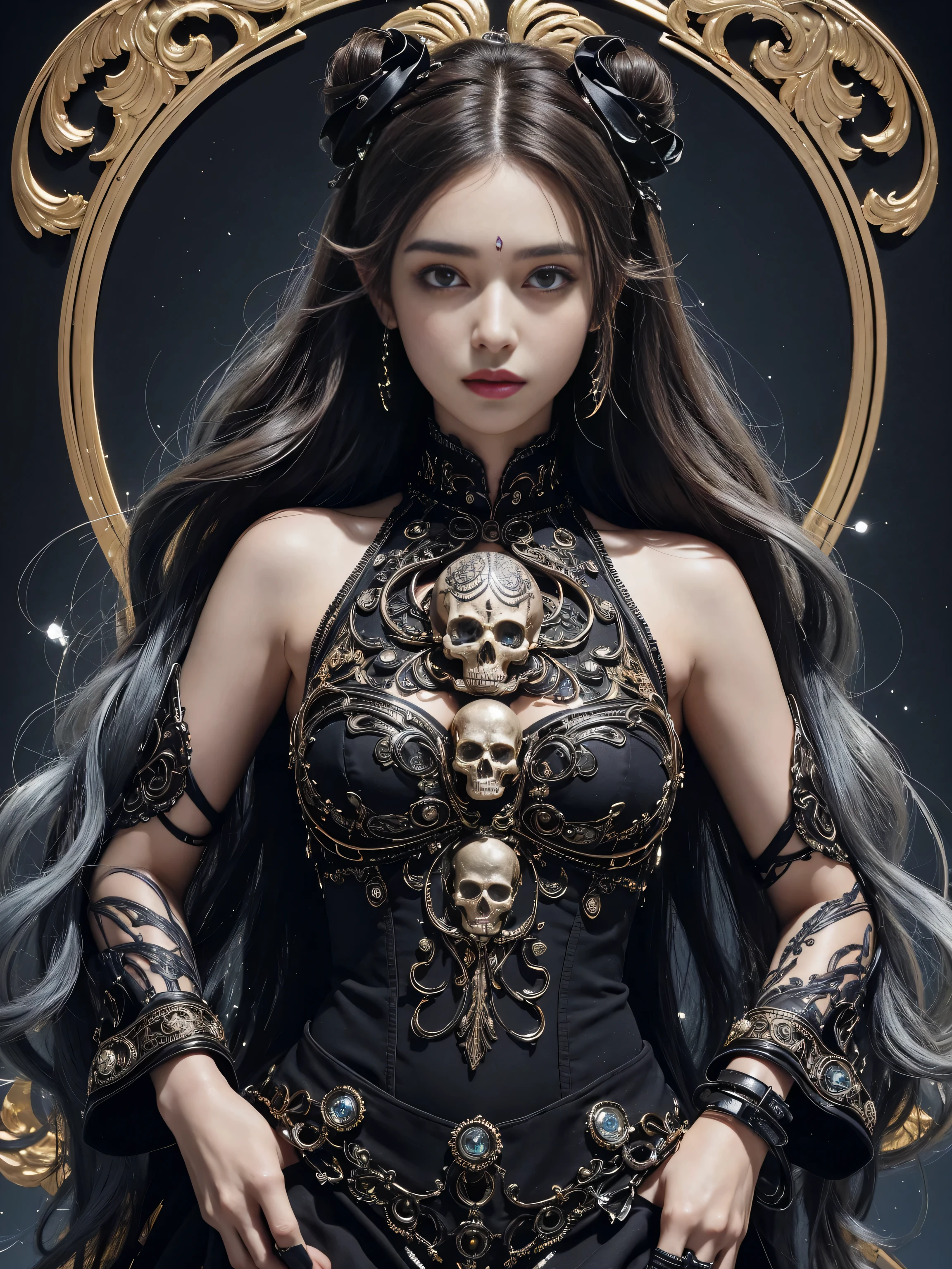 ((, Best quality at best, 8K, tmasterpiece :1.3)),full bodyesbian,droid (((tmasterpiece))),((Best quality at best)),(ultra - detailed),(CG illustration),(extremely cunning and beautiful)),电影灯光,(Exquisite skull decorative art),(Meticulously Carved Skull Jewelry),(Inlaid with exquisite patterns),plethora of colors,(dazzling),(Front view),symetrical composition(,tattooed face),Extremely complex curly lines and textures,Skull theme hair accessoriesDiverge around,The light from the back window is backlighted,skull art,line art, head portrait, Front view, Clear focus , urltra sharp focus on face ,