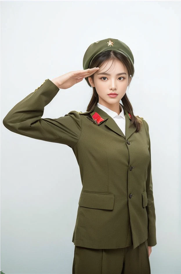 (quality、超A high resolution、masterpiece:1.3), A photo of an extremely cute and beautiful Chinese female soldier, (cabelos preto e longos:1.2), , (Beautiful girl in detail:1.4), On the table, With bangs, Delicately moisturizes eyes, ctextured skin, Best quality at best, illustratio, ultra - detailed, finely detailled, A high resolution, 8K, the wallpaper, Perfect dynamic composition, 美丽细致的眼睛, natural lips, , Chopping, casual sexy pose,(Detailed black rimless glasses：1.3)(Detailed grass green military cap，engraved red star：1.3) (Detailed grass green tight uniform，Has gold shoulder and collar badges:1.3), ,(Detail of tight-fitting grass green trousers：1.3)