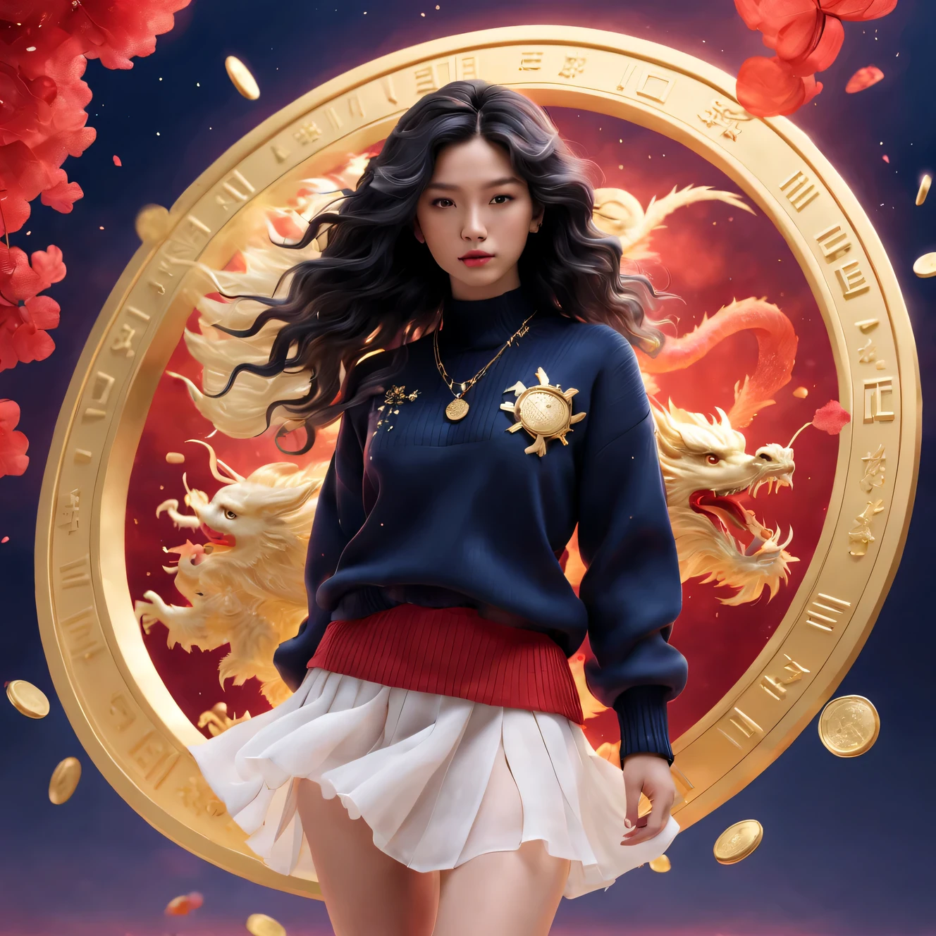 tully shaw style, (可爱微笑Zodiac dragon和芭比娃娃的头部特写),Zodiac dragon,The large,black long curly hair,Winter fashion exudes luxury, Gorgeous and stylish,Sweaters,围巾,Gauze skirt,With dark navy blue and fiery red background, 2024 new year elements, Gold coins flying, Cute 3d rendering, Cute and detailed digital art, slight feeling, stylized 3d render, 8K, 3D character art rendering, lovely digital painting, Anime style 3D, Ultra-detailed rendering, hyper HD, tmasterpiece, Acura, ctextured skin, super detailing, high detal, high high quality, Award-Awarded, Best quality, A high resolution, 16k,