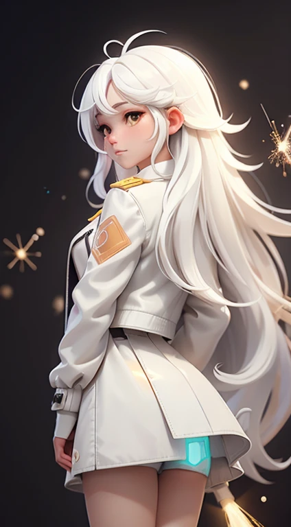 (main part, Best quality at best:1.3), (ultra - detailed:1.3), 1 girl, Alone, (White hair, messy  hair, long whitr hair), (angel wing, angelic halo), flatchest, yellow-eyed, (white  shirt, Black tie, Black jacket, Open-top coat), cow boy shot, 电影灯光, (((shining light particles))), (Place your arms behind your back), dynamic angle,