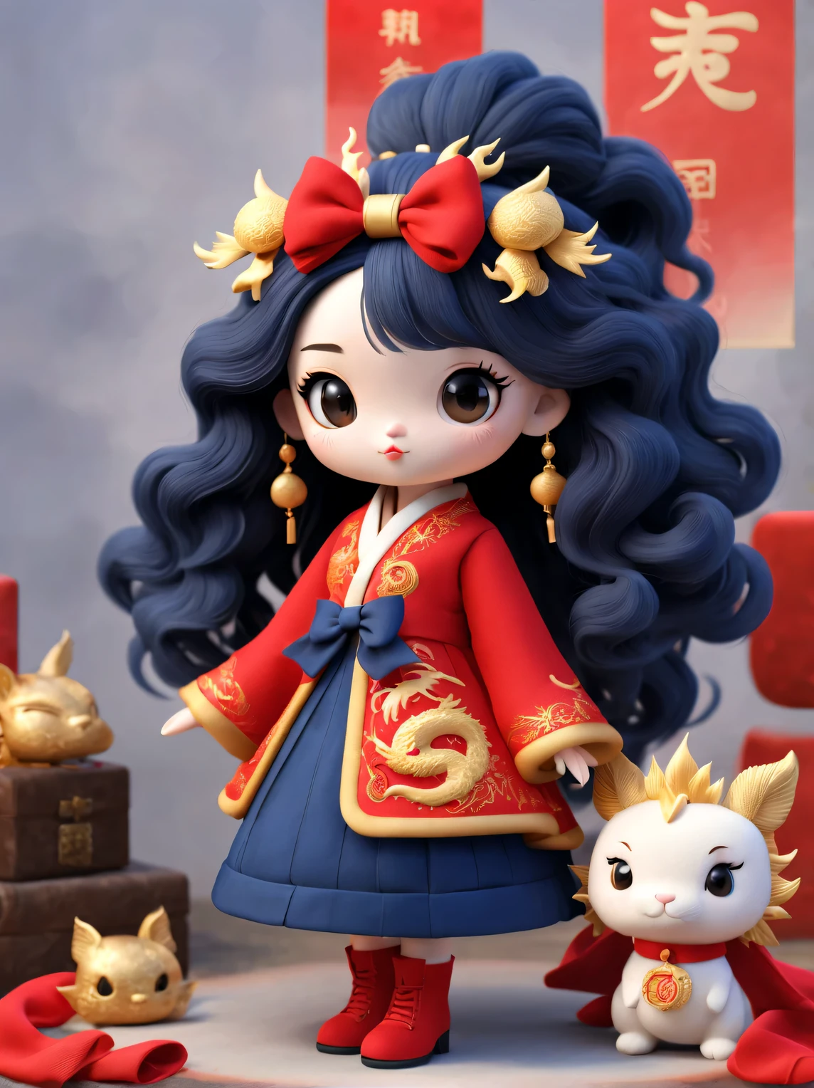 wool toy design，（可爱微笑芭比女孩和中国Zodiac dragon特写），black long curly hair，Zodiac dragon，Big bow， Exudes luxury, Gorgeous fashionable winter cashmere wool fashion, Gold coins fly, Dark navy blue and fiery red are the main colors,,Wool is woven into a variety of styles and textures with great skill and skill, 2024 new year elements，
 Cute 3d rendering, Cute and detailed digital art, slight feeling, stylized 3d render, 8K， 3D character art rendering, lovely digital painting, Anime style 3D, Ultra-detailed rendering, hyper HD, tmasterpiece, Acura, ctextured skin, super detailing, high detal, high high quality, Award-Awarded, Best quality, A high resolution, 16k,tully shaw style ，