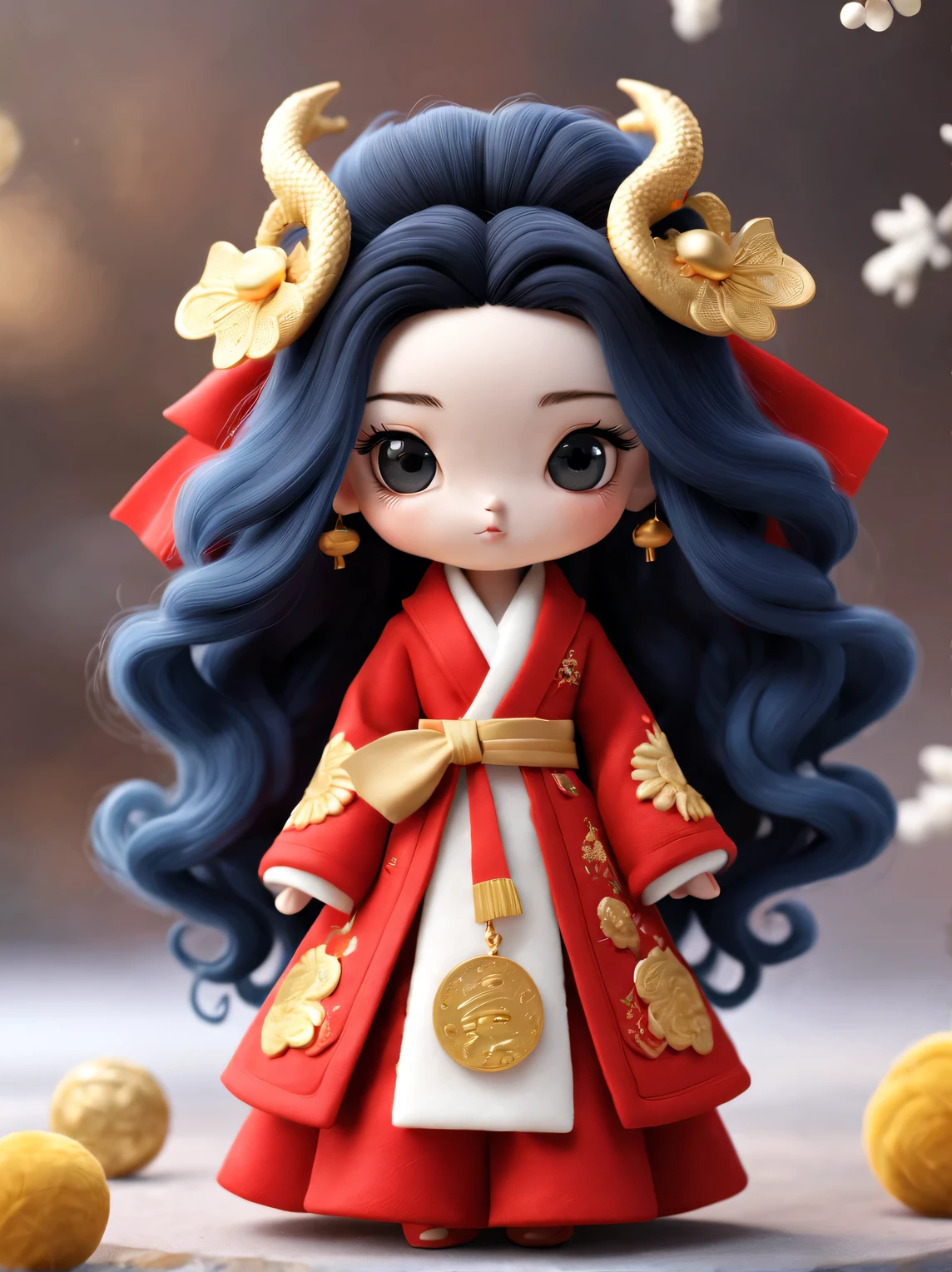 wool toy design，（可爱微笑芭比女孩和中国Zodiac dragon特写），black long curly hair，Zodiac dragon，Big bow， Exudes luxury, Gorgeous fashionable winter cashmere wool fashion, Gold coins fly, Dark navy blue and fiery red are the main colors,,Wool is woven into a variety of styles and textures with great skill and skill, 2024 new year elements，
 Cute 3d rendering, Cute and detailed digital art, slight feeling, stylized 3d render, 8K， 3D character art rendering, lovely digital painting, Anime style 3D, Ultra-detailed rendering, hyper HD, tmasterpiece, Acura, ctextured skin, super detailing, high detal, high high quality, Award-Awarded, Best quality, A high resolution, 16k,tully shaw style ，