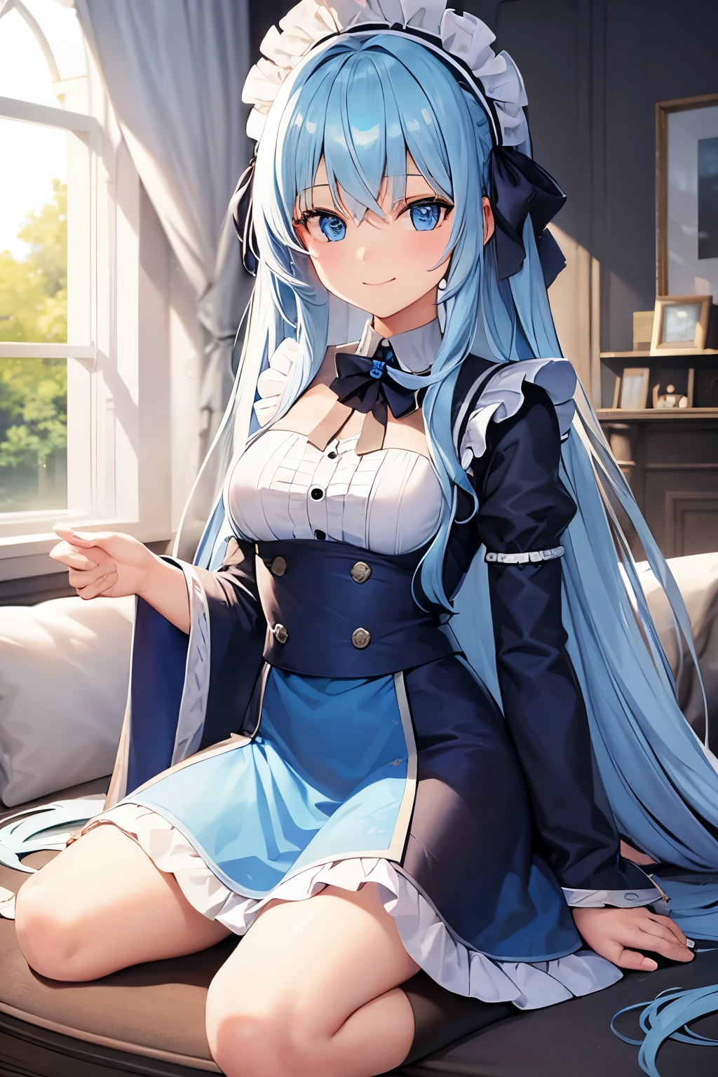 1girl, blue eyes, light blue hair, long hair, cloak, smile, living room,anime,cute, maid outfit