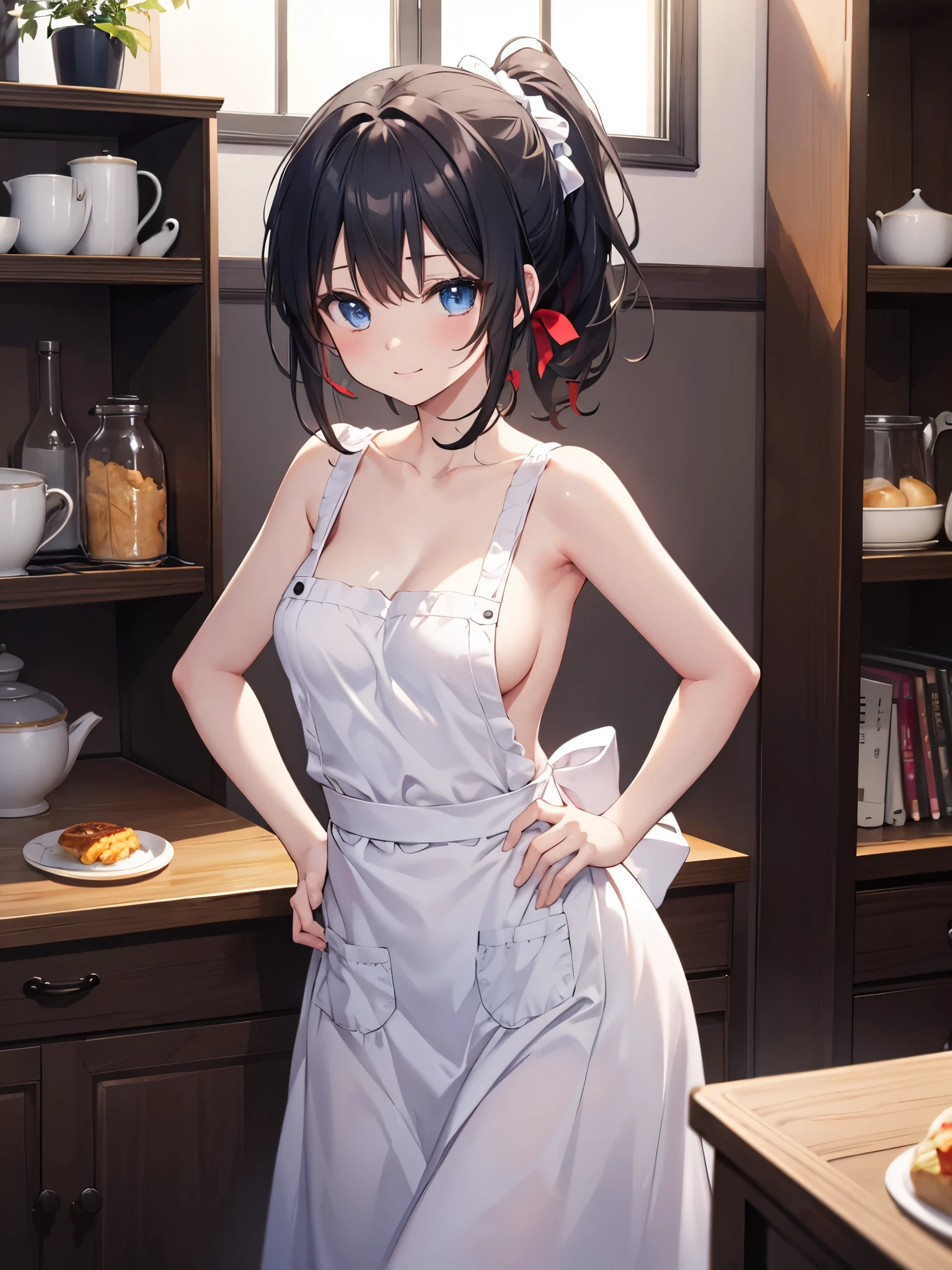 矢澤nico, nico, Long hair, blush, Bangs, Blue eyes,Standing、 Ponytail, 1 black hair girl,Apron naked、beutiful breast,Twin-tailed、A smile, Red color ribbon, on breast, BREAK is indoors with a naked apron,kitchin, BREAK is a masterpiece、absolute reference to center、super precision、animesque、独奏,animesqueイラスト風、masutepiece,Best Quality,Detailed high-definition CG, 矢澤nico、(Perfect hands, perfect naked anatomy),shelves,a little food,Sunlight,window,Hands on the hips、Show to the audience