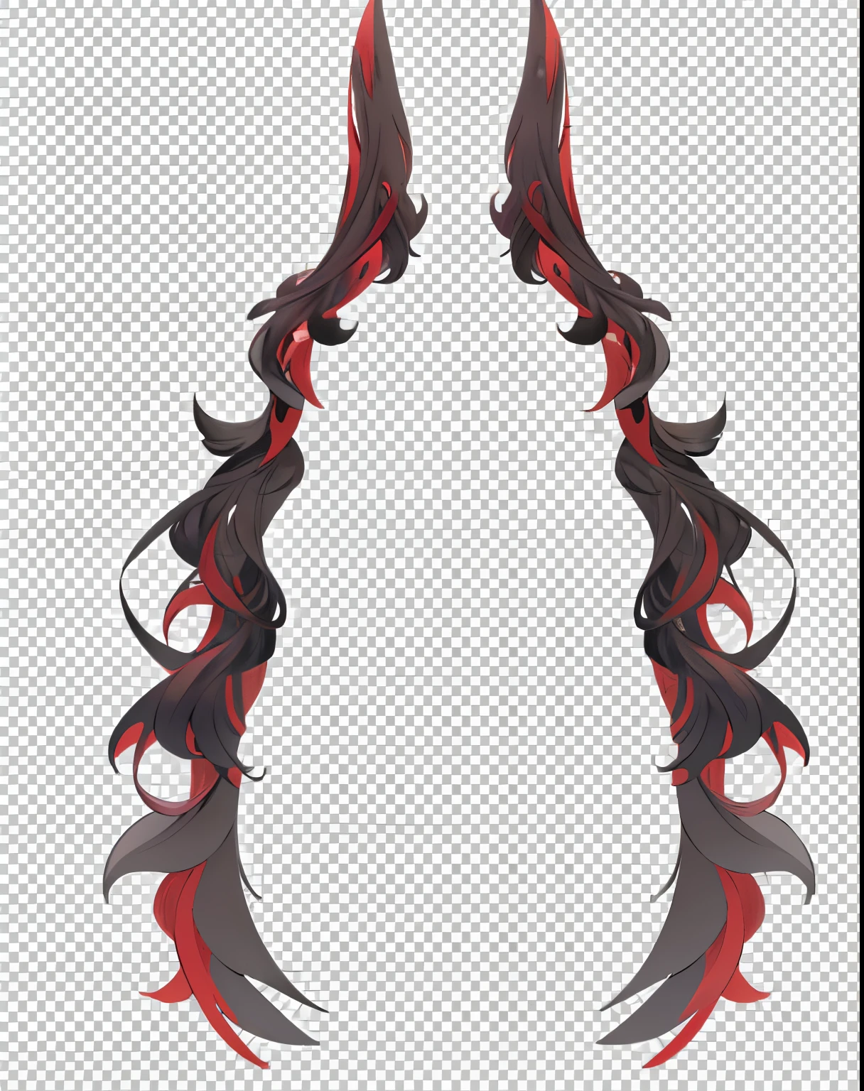 一个长the hair、红黑the hair的女人的the hair,  Black and red fantasy sword, horn. Dark, demonic wings, long tail with horn, tail slightly wavy, Huge stylized shoulder armor, Red feather wings on arms, oni horn,Clean shape，clean shape，Rich in detail，masterpiece ng，the hair，Hairline，solid，