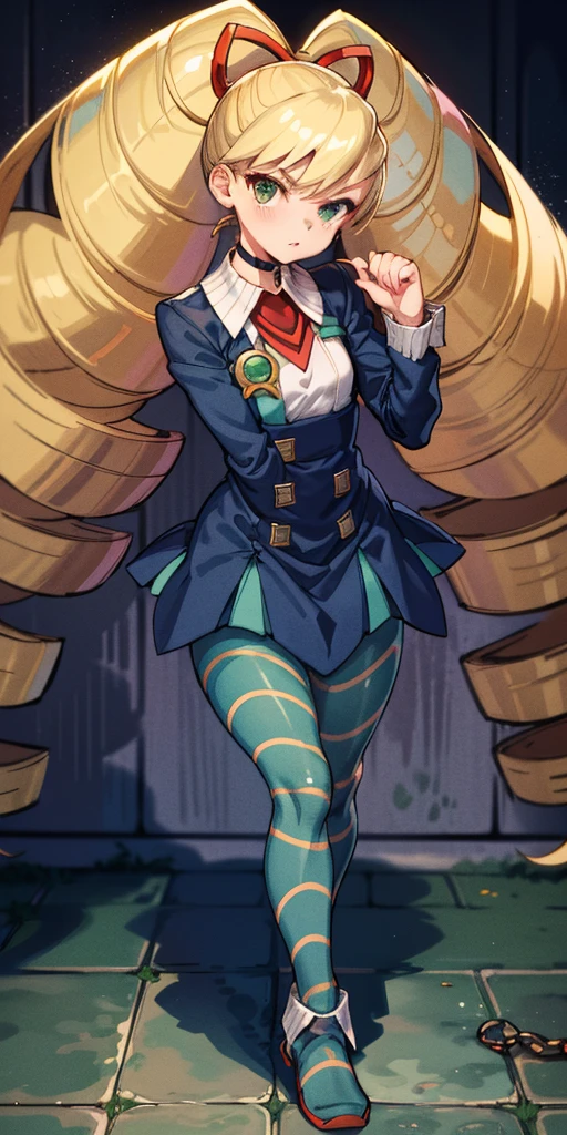 masterpiece,best quality,1girl,mmplatz,twintails,twin drills,dress,blue pantyhose,striped pantyhose, Female, standing, straight, looking at viewer, handcuffs on their hands, with a collar around the neck, slave, ((black choker, shackles on legs and arms))