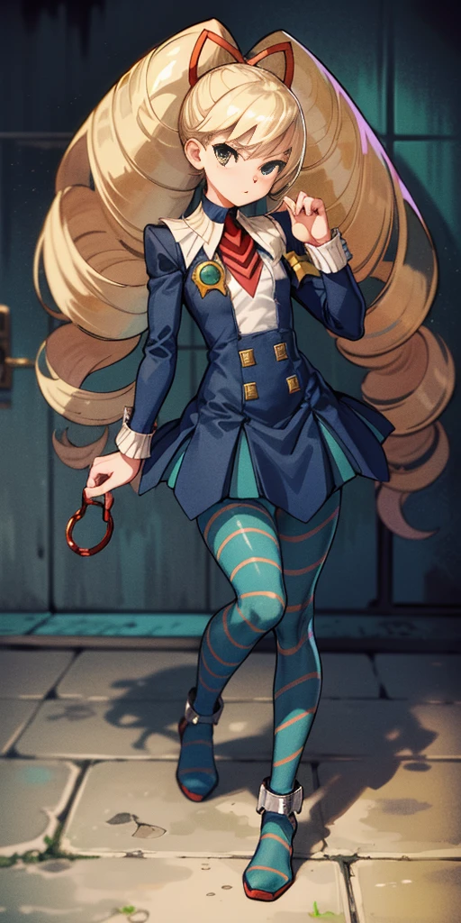 masterpiece,best quality,1girl,mmplatz,twintails,twin drills,dress,blue pantyhose,striped pantyhose, Female, standing, straight, looking at viewer, handcuffs on their hands, with a collar around the neck, slave, ((black choker, shackles on legs and arms))