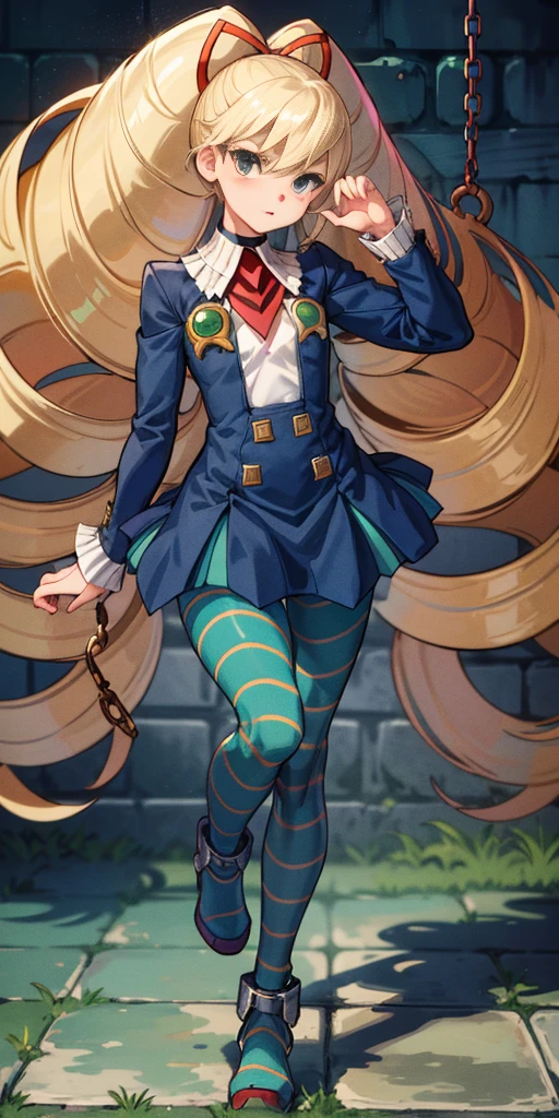 masterpiece,best quality,1girl,mmplatz,twintails,twin drills,dress,blue pantyhose,striped pantyhose, Female, standing, straight, looking at viewer, handcuffs on their hands, with a collar around the neck, slave, ((black choker, shackles on legs and arms))