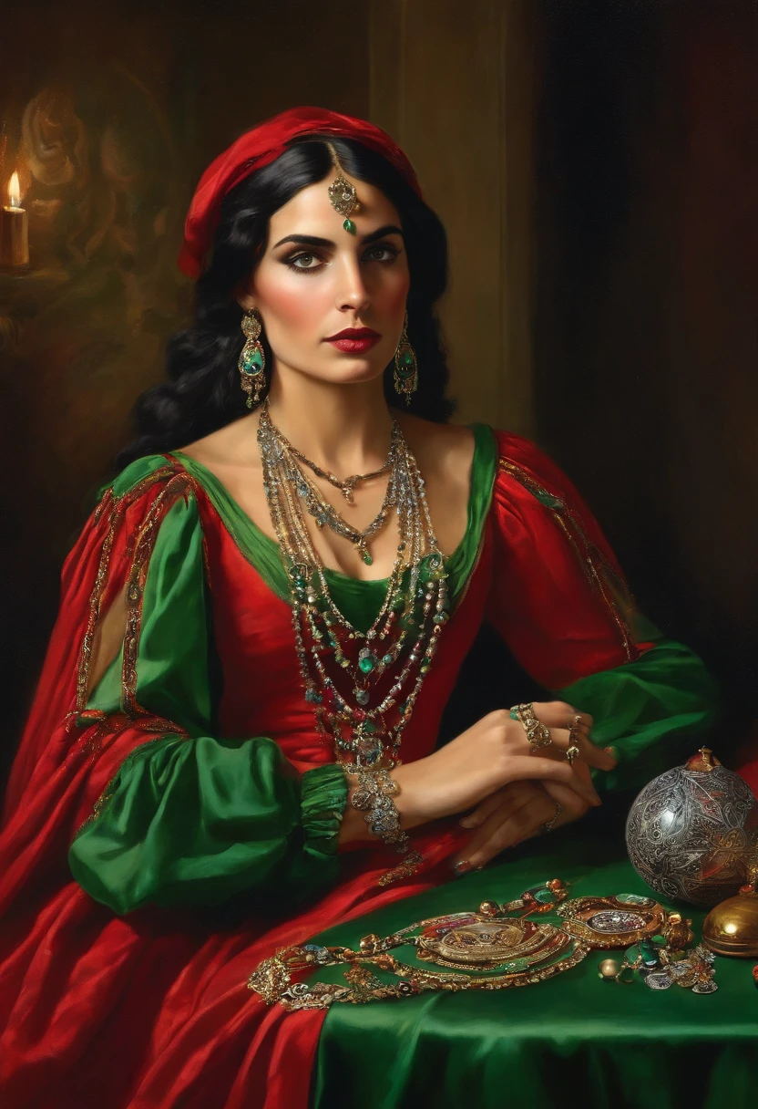 Baroque style painting of a young gypsy woman with necklaces, earrings and bracelets, a beautiful and strong young woman, red Victorian-style robes, green panther eyes, long straight, silky, black hair falling over her shoulders, reading gypsy cards, at a table with crystal ball, a fortune teller