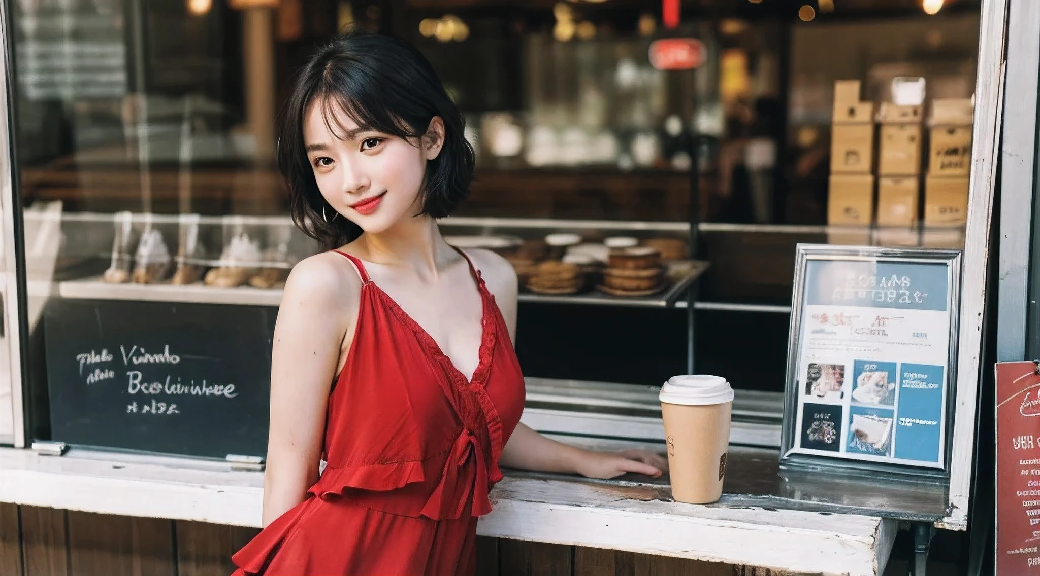 Best quality at best, tmasterpiece, 超高分辨率, (a true: 1.5), RAW photogr, 1 girl, A sweet smile, bshoulders, Drink coffee at a sunny street cafe stall, deep shading, tom baixo, cold light, Sexy look, bellosorizzo, Red dress, The most exquisite quality short hair, 8K, tmasterpiece: 1.3))), Focus sharp: 1.2, (layered decoration, bigger: 1.2), perfect body beautiful: 1.4 , Wet with: 1.5, Highly Detailed Face and Skin Textur, 詳細な目, 二重まぶた,