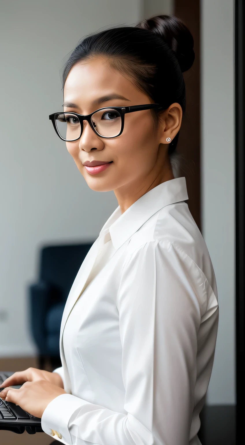 RAW photo, 29 year old indonesian woman wearing white business shirt with dark jacket, smirk, messy bun, glasses, slim body, at home, designer, holding a laptop, detailed face, blue eyes,standing full-frontal, Full-length, Body and head directly in the photo, dark black background image, elegant and elegant, facing the viewer of the photo, Eyes fixed on the lens, The shoulders and head appear in the photo, shallow depth of field, (high detailed skin:1.2), 8k uhd, dslr, soft lighting, high quality, film grain, 20mp, Fujifilm XT3, 80mm, hasselblad