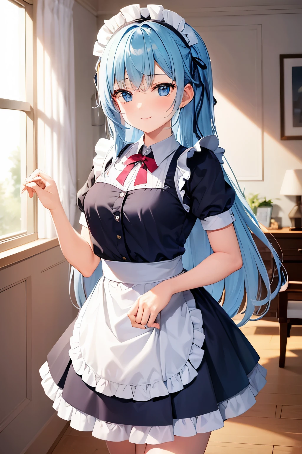 1girl, blue eyes, light blue hair, long hair,  smile, living room,anime,cute, maid outfit